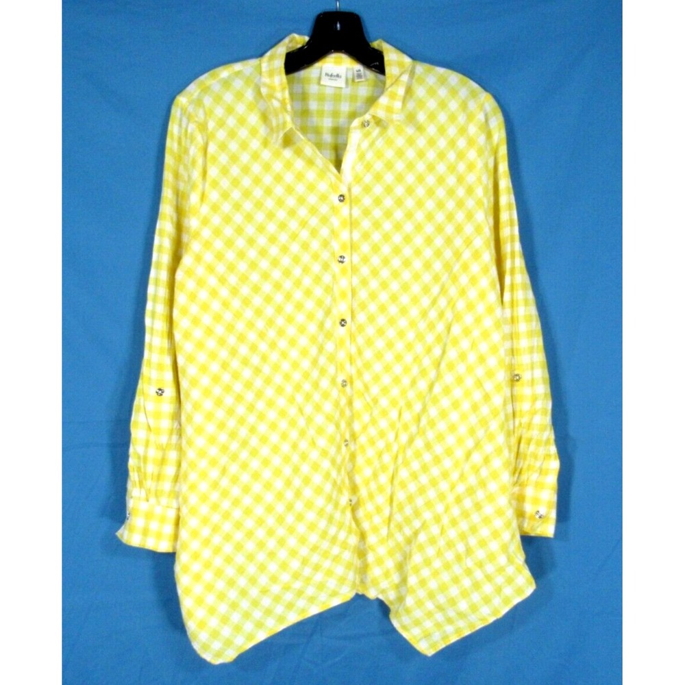 RAFAELLA Yellow/White GINGHAM CHECK Cotton ASYMMETRIC HEM Button-Up SHIRT TOP L